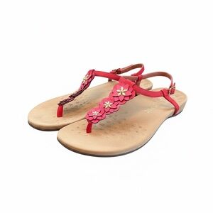 VIONIC Paulie T Strap Orthopedic Comfort Leather Sandal Red Pink Gold Floral 8.5